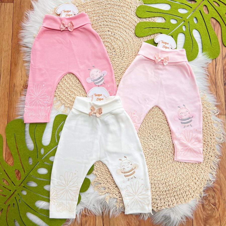 Kit 3 Calças - Abelha Fofa - Rosa chiclete, Off White e Rosa bebe